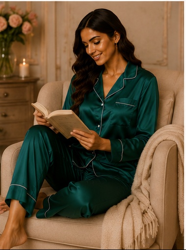 Women’s Emerald Green Satin Night Suit Set | Full Sleeve Button-Down Pajama Sleepwear