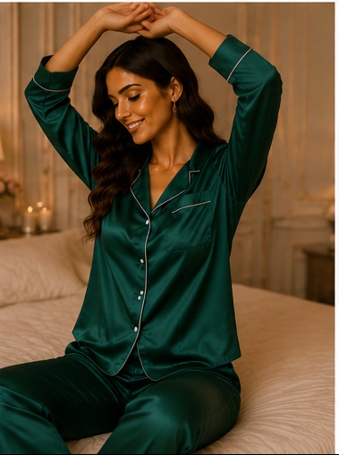 Women’s Emerald Green Satin Night Suit Set | Full Sleeve Button-Down Pajama Sleepwear