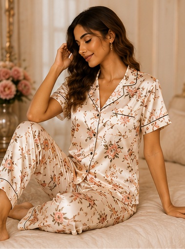 Women’s Ivory Floral Printed Cotton Night Suit – Premium Short Sleeve Pajama Set