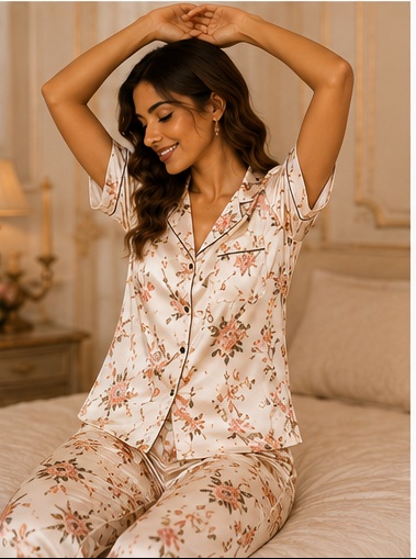Women’s Ivory Floral Printed Cotton Night Suit – Premium Short Sleeve Pajama Set