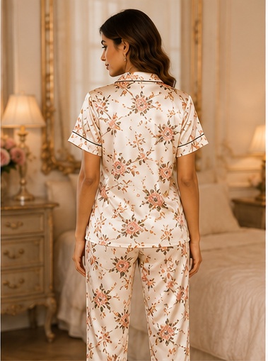 Women’s Ivory Floral Printed Cotton Night Suit – Premium Short Sleeve Pajama Set