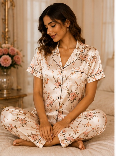 Women’s Ivory Floral Printed Cotton Night Suit – Premium Short Sleeve Pajama Set