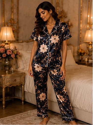 Women’s Navy Blossom Satin Night Suit – Floral Printed Premium Pajama Set