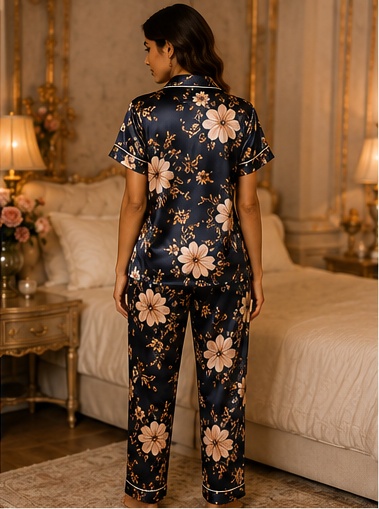 Women’s Navy Blossom Satin Night Suit – Floral Printed Premium Pajama Set