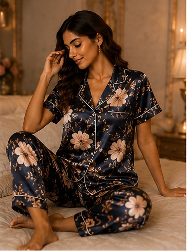 Women’s Navy Blossom Satin Night Suit – Floral Printed Premium Pajama Set