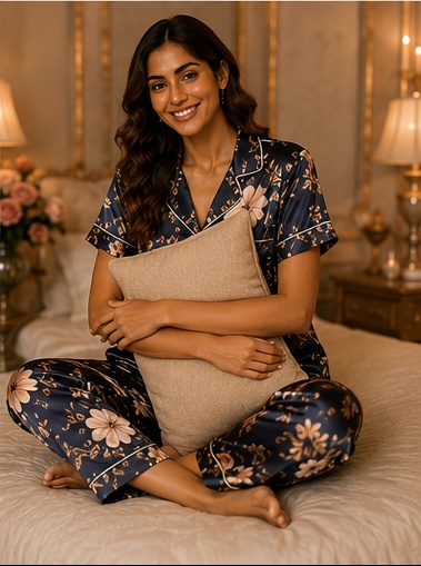 Women’s Navy Blossom Satin Night Suit – Floral Printed Premium Pajama Set