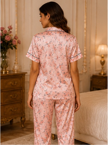 Women’s Pink Printed Cotton Night Suit – Floral Pajama Set with Short Sleeve Top