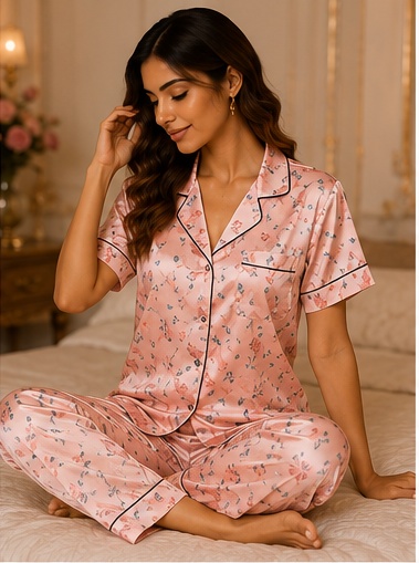 Women’s Pink Printed Cotton Night Suit – Floral Pajama Set with Short Sleeve Top