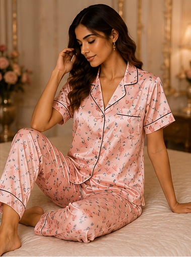 Women’s Pink Printed Cotton Night Suit – Floral Pajama Set with Short Sleeve Top