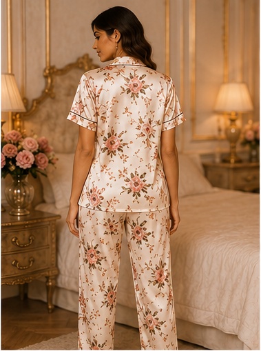 Women’s Ivory Floral Cotton Night Suit – Printed Pajama Set with Short Sleeve Top