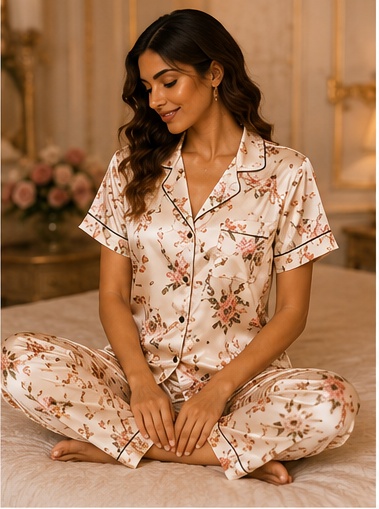 Women’s Ivory Floral Cotton Night Suit – Printed Pajama Set with Short Sleeve Top
