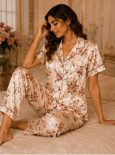 Women’s Ivory Floral Cotton Night Suit – Printed Pajama Set with Short Sleeve Top