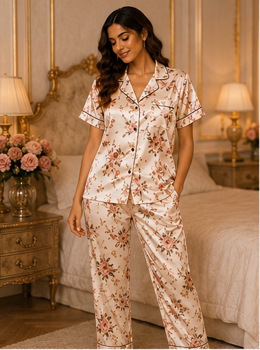 Women’s Ivory Floral Cotton Night Suit – Printed Pajama Set with Short Sleeve Top