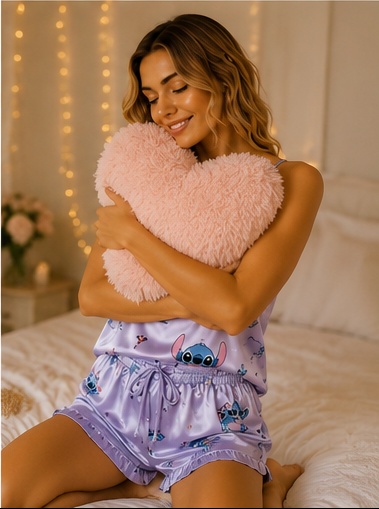 Women's Purple Cartoon Print Satin Cami & Shorts Nightwear Set | Soft Premium Sleepwear for Women