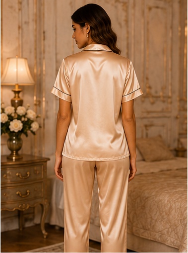 Women’s Champagne Satin Plain Night Suit – Premium Short Sleeve Shirt & Full Length Pajama Set