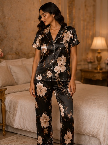 Women’s Black Floral Satin Night Suit – Premium Short Sleeve Shirt & Pyjama Set