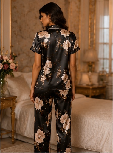 Women’s Black Floral Satin Night Suit – Premium Short Sleeve Shirt & Pyjama Set