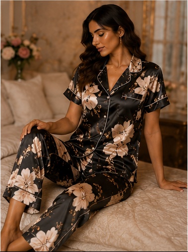 Women’s Black Floral Satin Night Suit – Premium Short Sleeve Shirt & Pyjama Set
