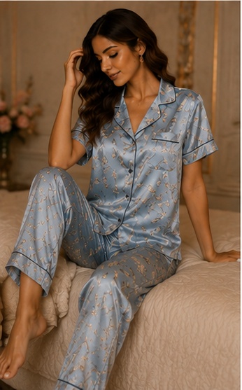 Women’s Sky Blue Blossom Satin Night Suit – Premium Floral Printed Short Sleeve Pyjama Set