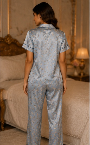 Women’s Sky Blue Blossom Satin Night Suit – Premium Floral Printed Short Sleeve Pyjama Set