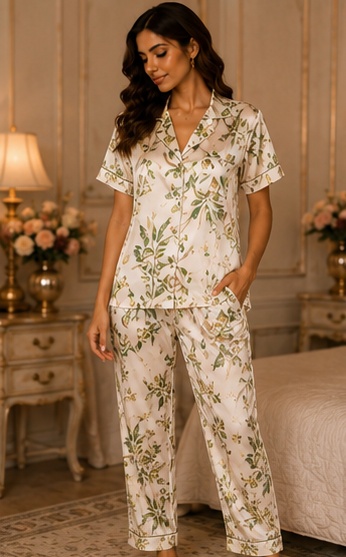 Women’s Botanical Floral Cotton Night Suit – Premium Printed Short Sleeve Pyjama Set
