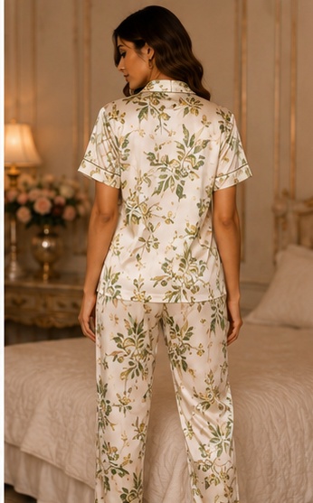 Women’s Botanical Floral Cotton Night Suit – Premium Printed Short Sleeve Pyjama Set