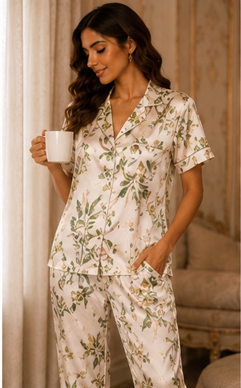 Women’s Botanical Floral Cotton Night Suit – Premium Printed Short Sleeve Pyjama Set