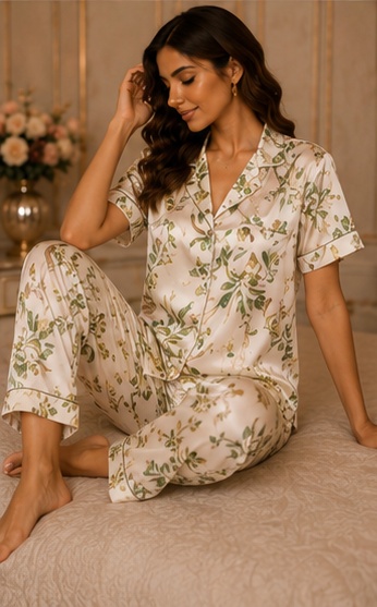 Women’s Botanical Floral Cotton Night Suit – Premium Printed Short Sleeve Pyjama Set