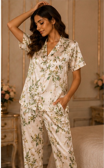 Women’s Botanical Floral Cotton Night Suit – Premium Printed Short Sleeve Pyjama Set