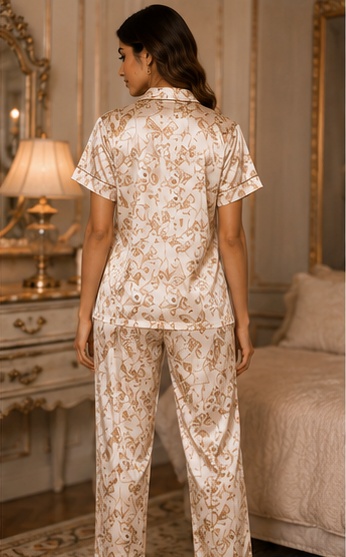 Women’s Geometric Print Cotton Night Suit – Printed Short Sleeve Pyjama Set