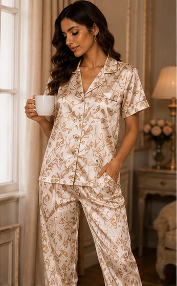 Women’s Geometric Print Cotton Night Suit – Printed Short Sleeve Pyjama Set