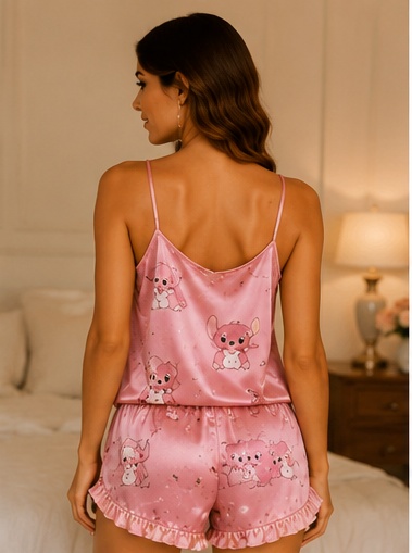 Women's Premium Satin Pink Cartoon Print Cami & Shorts Night Suit | Soft Sleeveless Sleepwear Set
