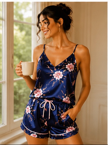 Women’s Navy Blue Floral Satin Night Suit Set | Sleeveless Camisole Top & Shorts Sleepwear