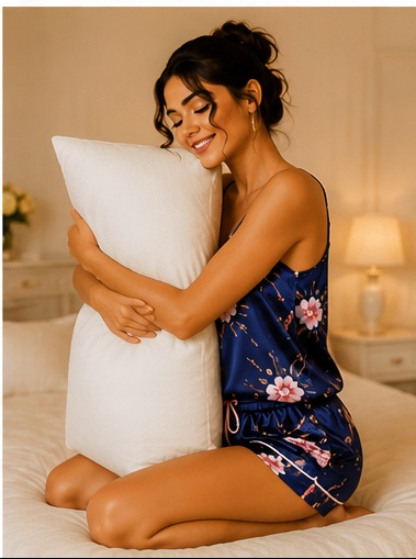 Women’s Navy Blue Floral Satin Night Suit Set | Sleeveless Camisole Top & Shorts Sleepwear