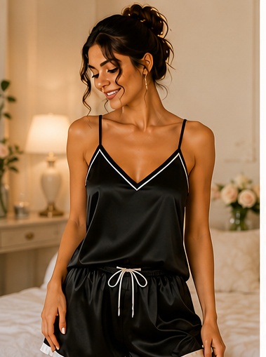 Women's Premium Black Satin Cami & Shorts Nightwear Set with White Contrast Trim | Soft Luxury Sleepwear