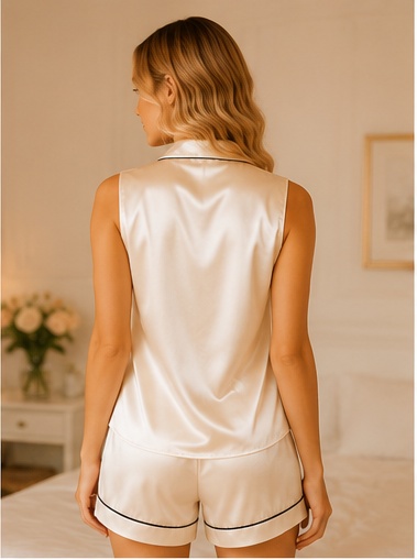 Women Premium Satin Night Suit White Solid Sleeveless Shirt & Shorts Set With Contrast Piping