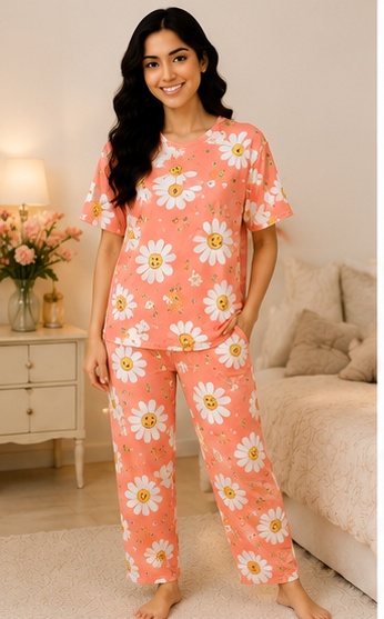 Women’s Coral Orange Daisy Printed Night Suit | Short Sleeve Top with Full Length Pajama Set