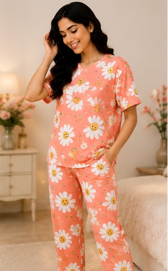 Women’s Coral Orange Daisy Printed Night Suit | Short Sleeve Top with Full Length Pajama Set
