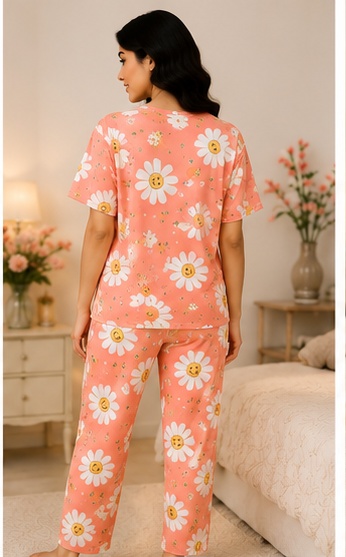 Women’s Coral Orange Daisy Printed Night Suit | Short Sleeve Top with Full Length Pajama Set