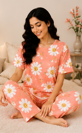 Women’s Coral Orange Daisy Printed Night Suit | Short Sleeve Top with Full Length Pajama Set