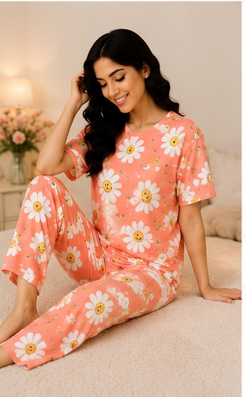 Women’s Coral Orange Daisy Printed Night Suit | Short Sleeve Top with Full Length Pajama Set