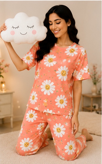 Women’s Coral Orange Daisy Printed Night Suit | Short Sleeve Top with Full Length Pajama Set