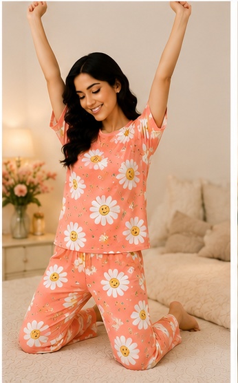 Women’s Coral Orange Daisy Printed Night Suit | Short Sleeve Top with Full Length Pajama Set