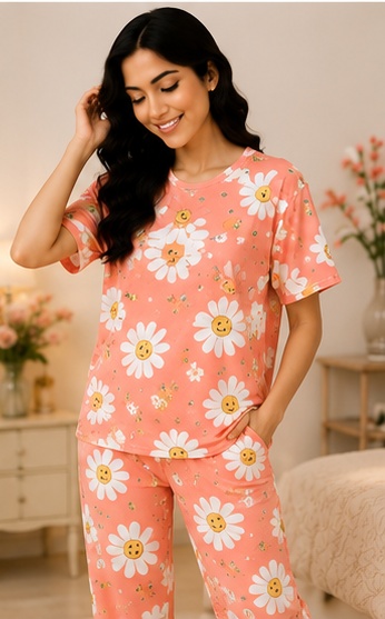 Women’s Coral Orange Daisy Printed Night Suit | Short Sleeve Top with Full Length Pajama Set