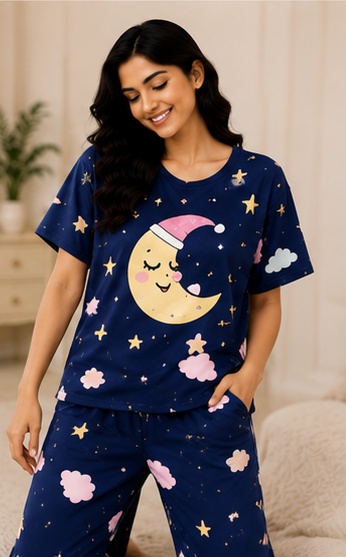 Women’s Navy Blue Moon & Stars Printed Night Suit Set with Short Sleeves and Lounge Pants