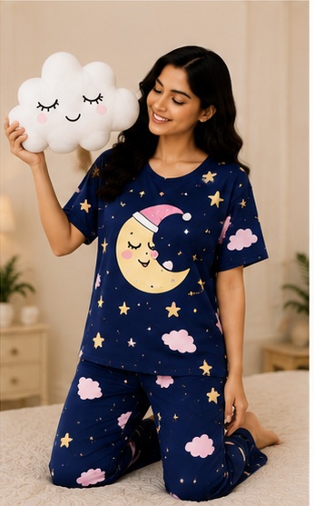 Women’s Navy Blue Moon & Stars Printed Night Suit Set with Short Sleeves and Lounge Pants