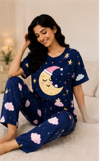Women’s Navy Blue Moon & Stars Printed Night Suit Set with Short Sleeves and Lounge Pants