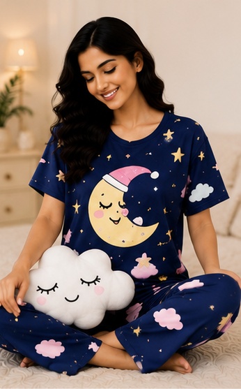 Women’s Navy Blue Moon & Stars Printed Night Suit Set with Short Sleeves and Lounge Pants