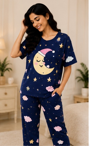 Women’s Navy Blue Moon & Stars Printed Night Suit Set with Short Sleeves and Lounge Pants