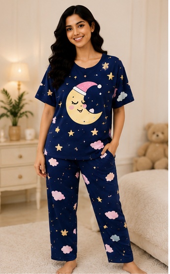 Women’s Navy Blue Moon & Stars Printed Night Suit Set with Short Sleeves and Lounge Pants